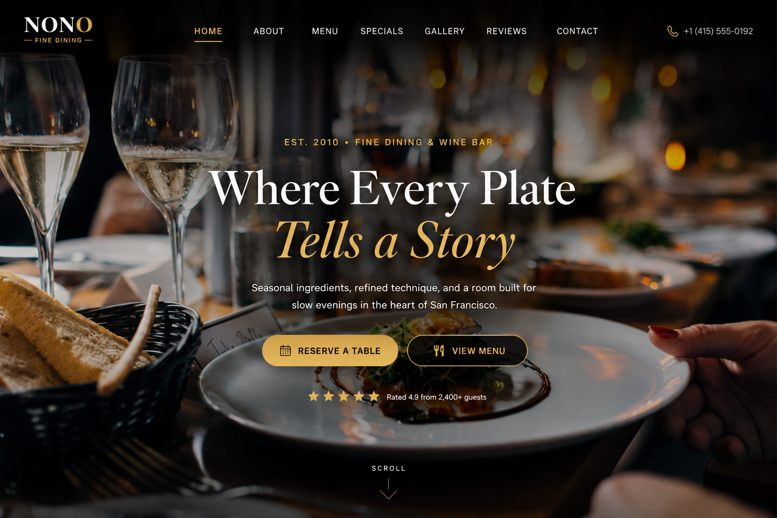 Homepage of the NONO fine dining restaurant website